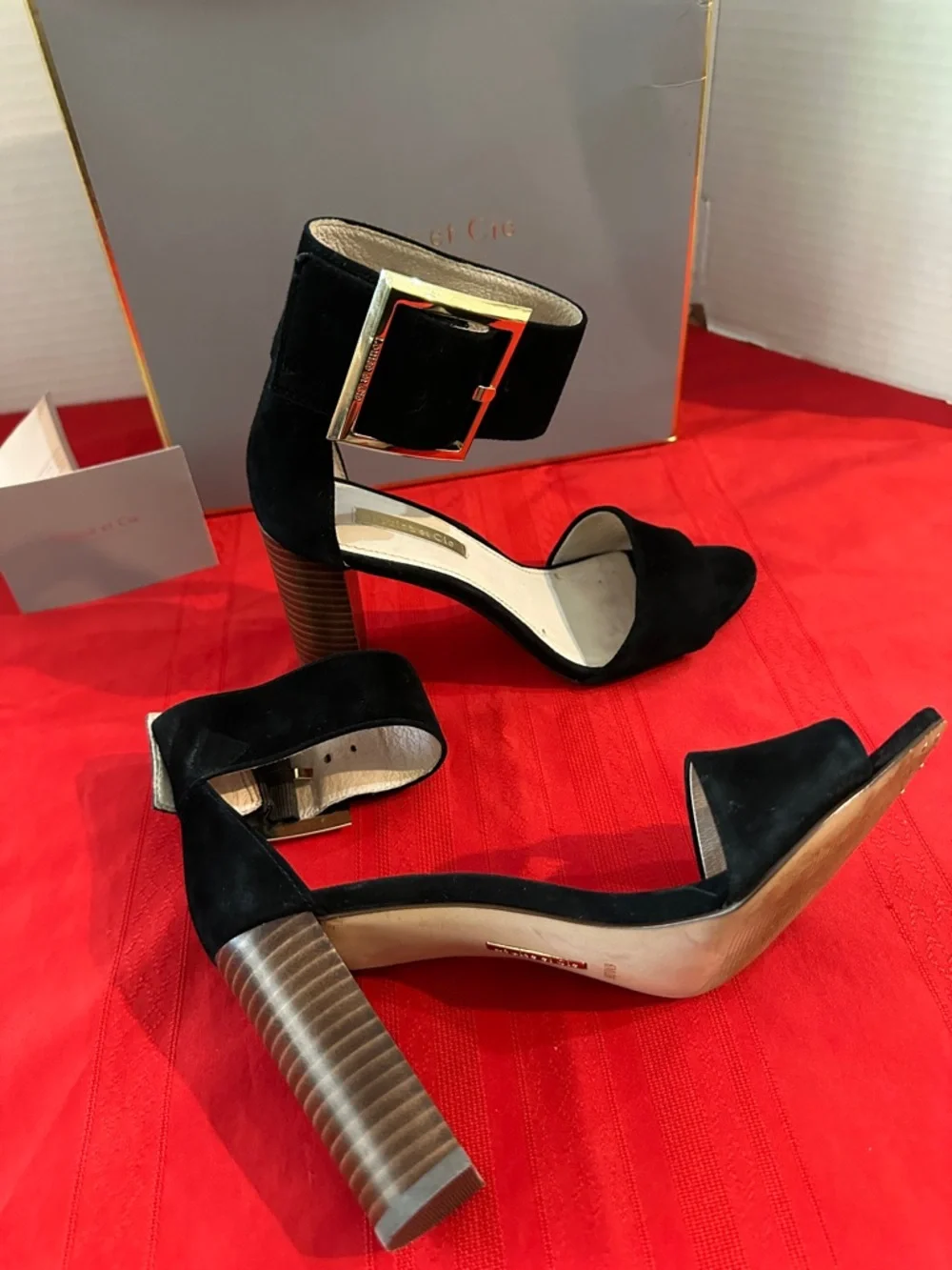 Louise et Cie Black Suede Ankle-Strap Block Heels with Gold Buckle Size 6